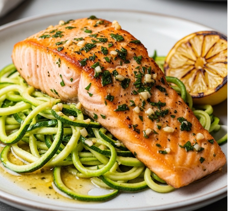 Garlic Butter Salmon with Zucchini Noodles